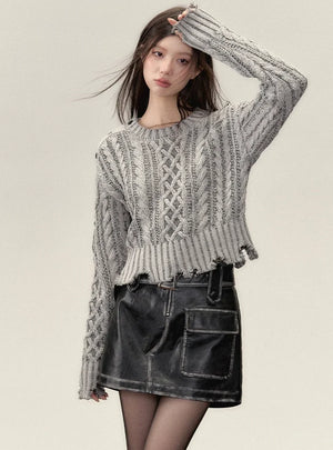 Crewneck ragged  languid knit pullover Top