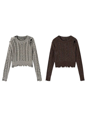Crewneck ragged  languid knit pullover Top