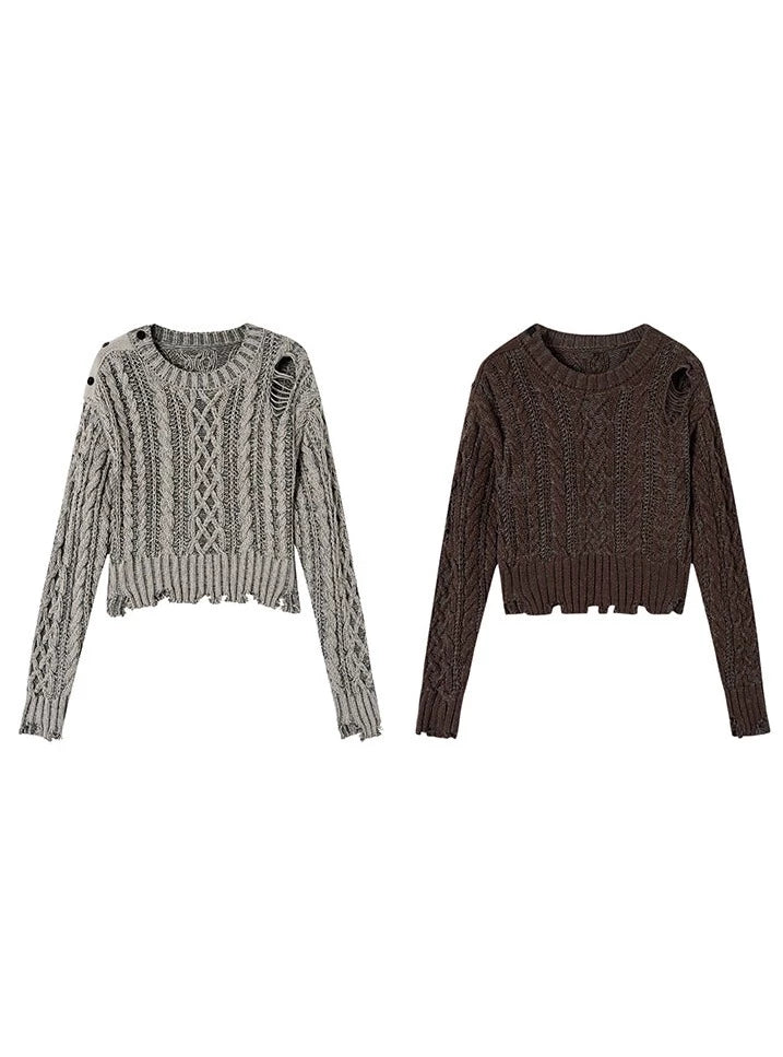 Crewneck ragged  languid knit pullover Top