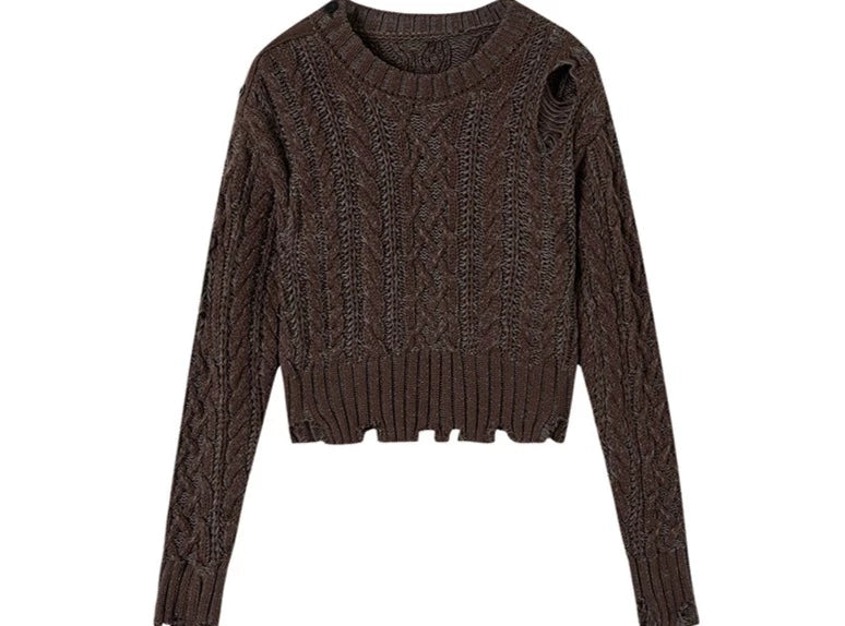 Crewneck ragged  languid knit pullover Top