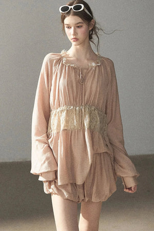 Crinkled Fabric Top and Short Skirt Set