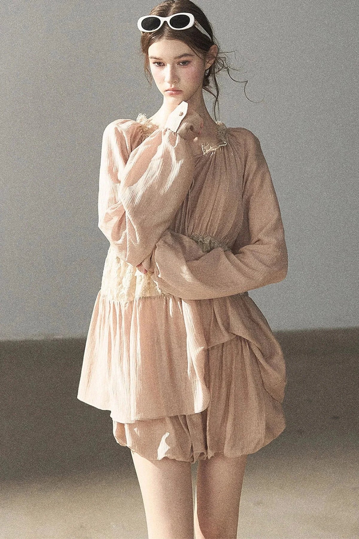 Crinkled Fabric Top and Short Skirt Set