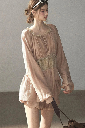 Crinkled Fabric Top and Short Skirt Set