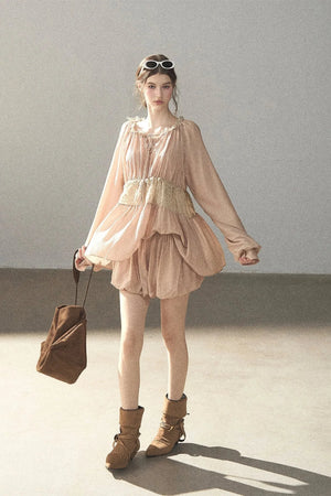 Crinkled Fabric Top and Short Skirt Set