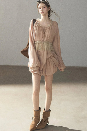 Crinkled Fabric Top and Short Skirt Set
