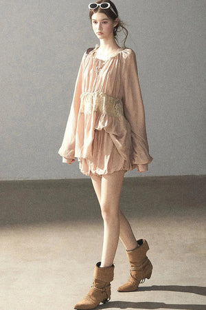 Crinkled Fabric Top and Short Skirt Set