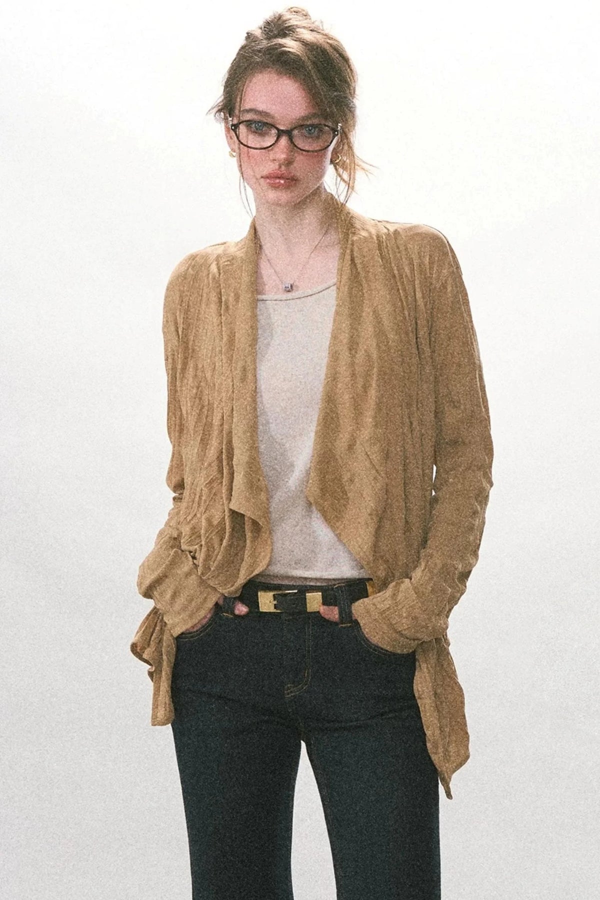 Crinkled Texture Long-Sleeved Cardigan
