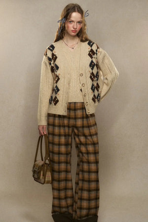 Crochet Retro Preppy V-Neck Knitted Cardigan