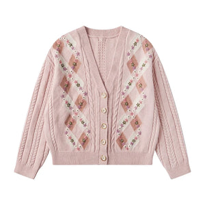 Crochet Retro Preppy V-Neck Knitted Cardigan