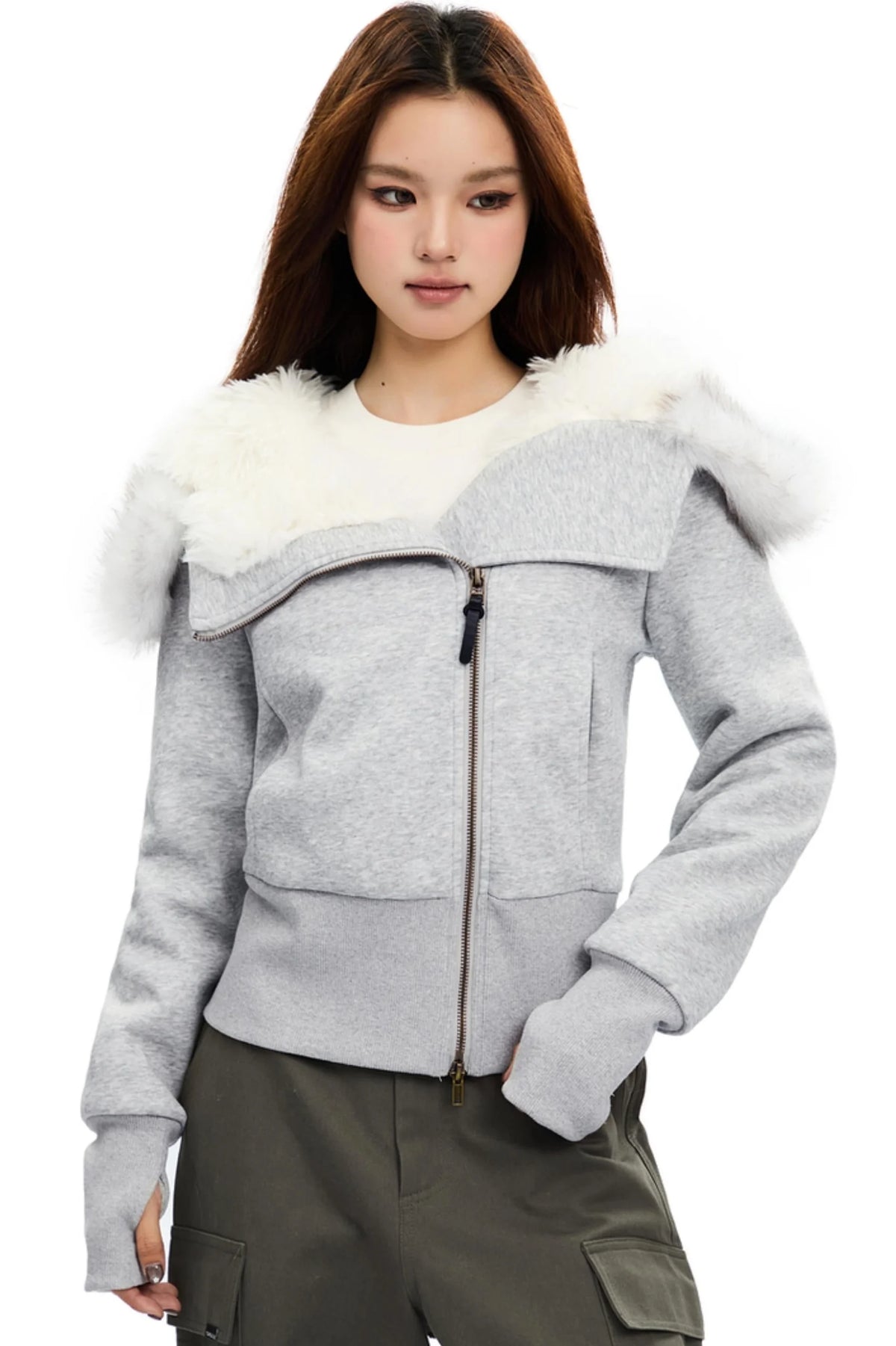 Cropped Slim Fit Fur Collar Cotton Jacket