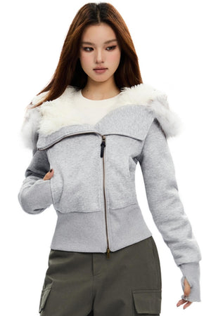 Cropped Slim Fit Fur Collar Cotton Jacket