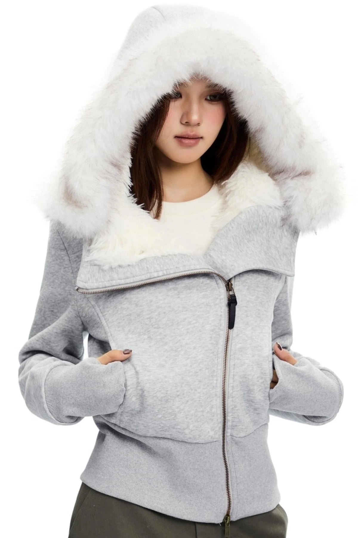Cropped Slim Fit Fur Collar Cotton Jacket
