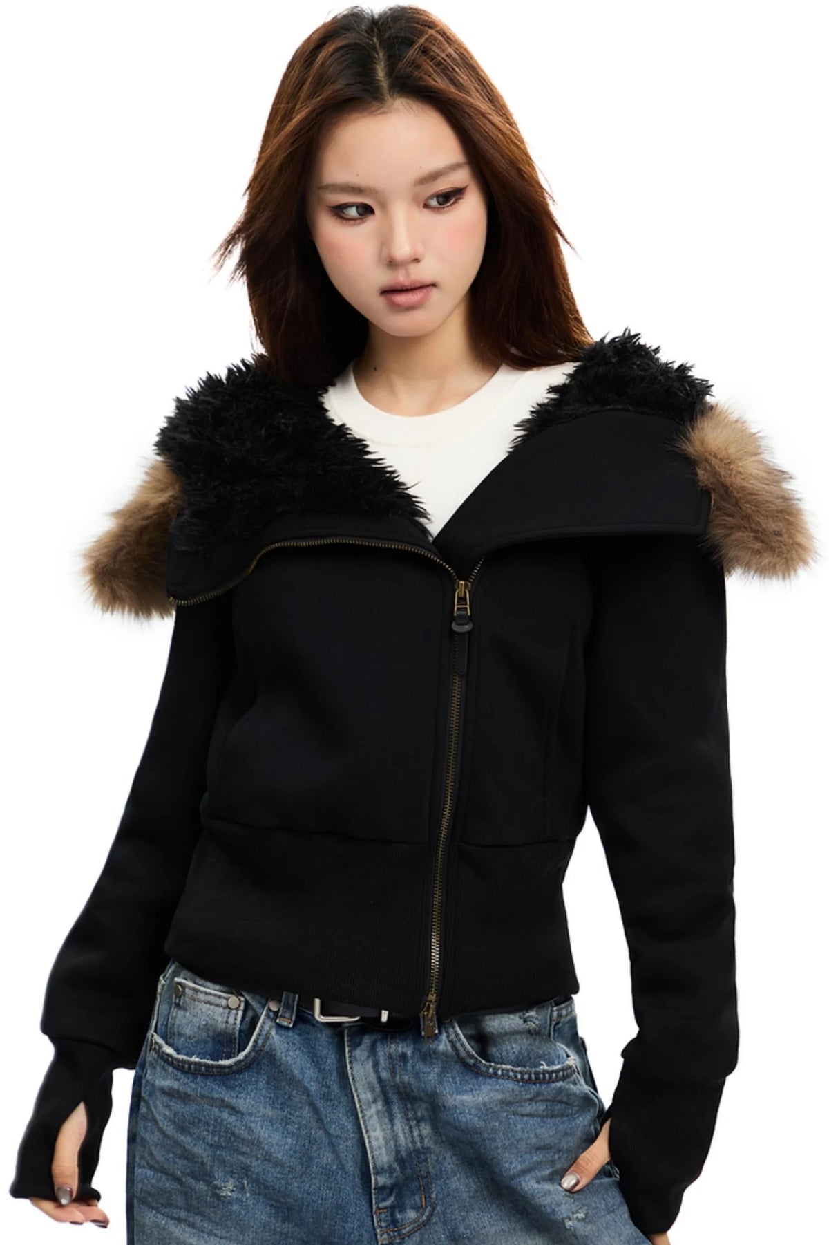 Cropped Slim Fit Fur Collar Cotton Jacket