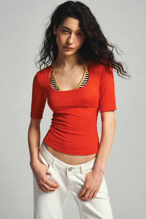 Cropped U-Neck Wool Blend Tee