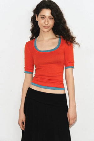 Cropped U-Neck Wool Blend Tee