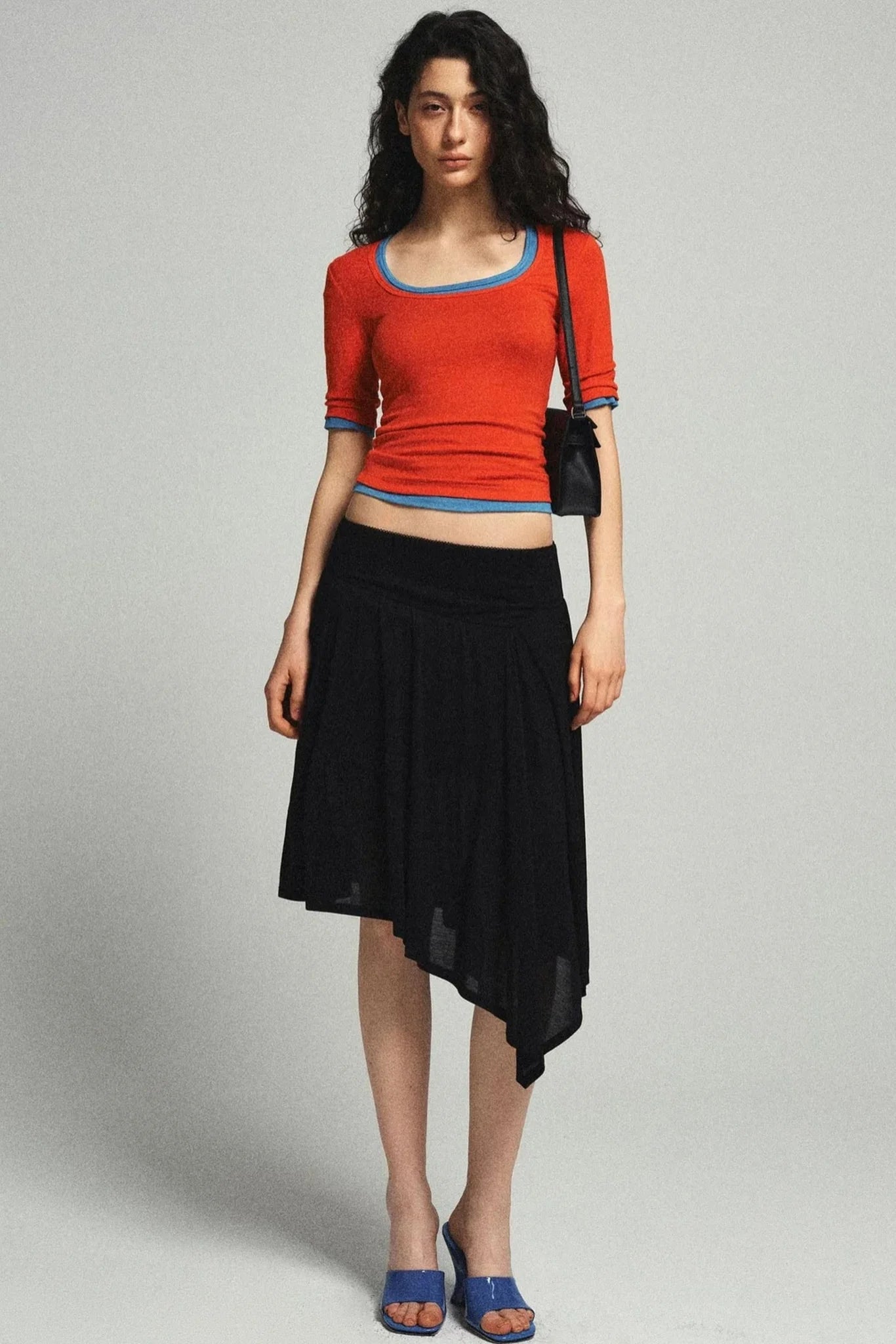 Cropped U-Neck Wool Blend Tee