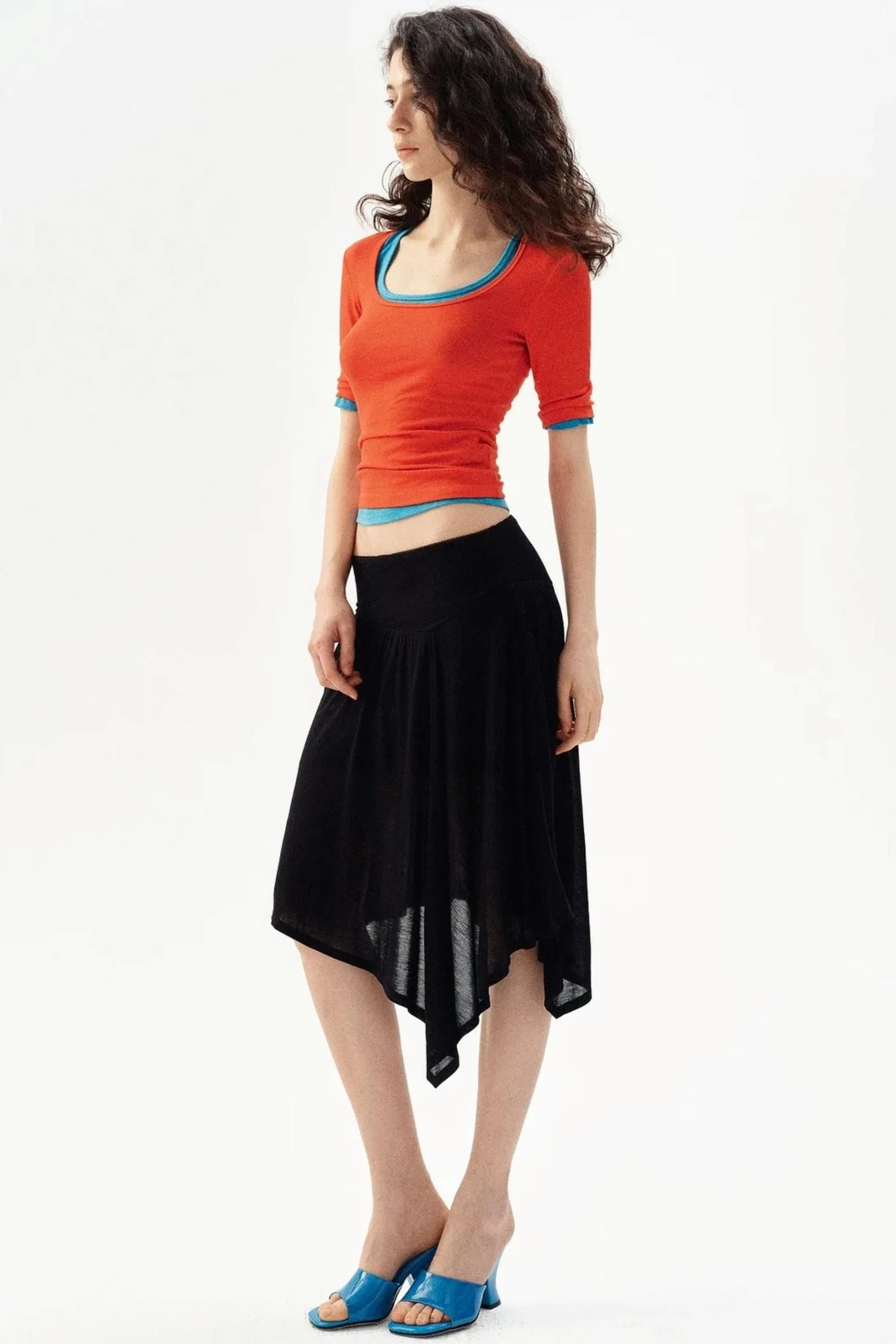 Cropped U-Neck Wool Blend Tee