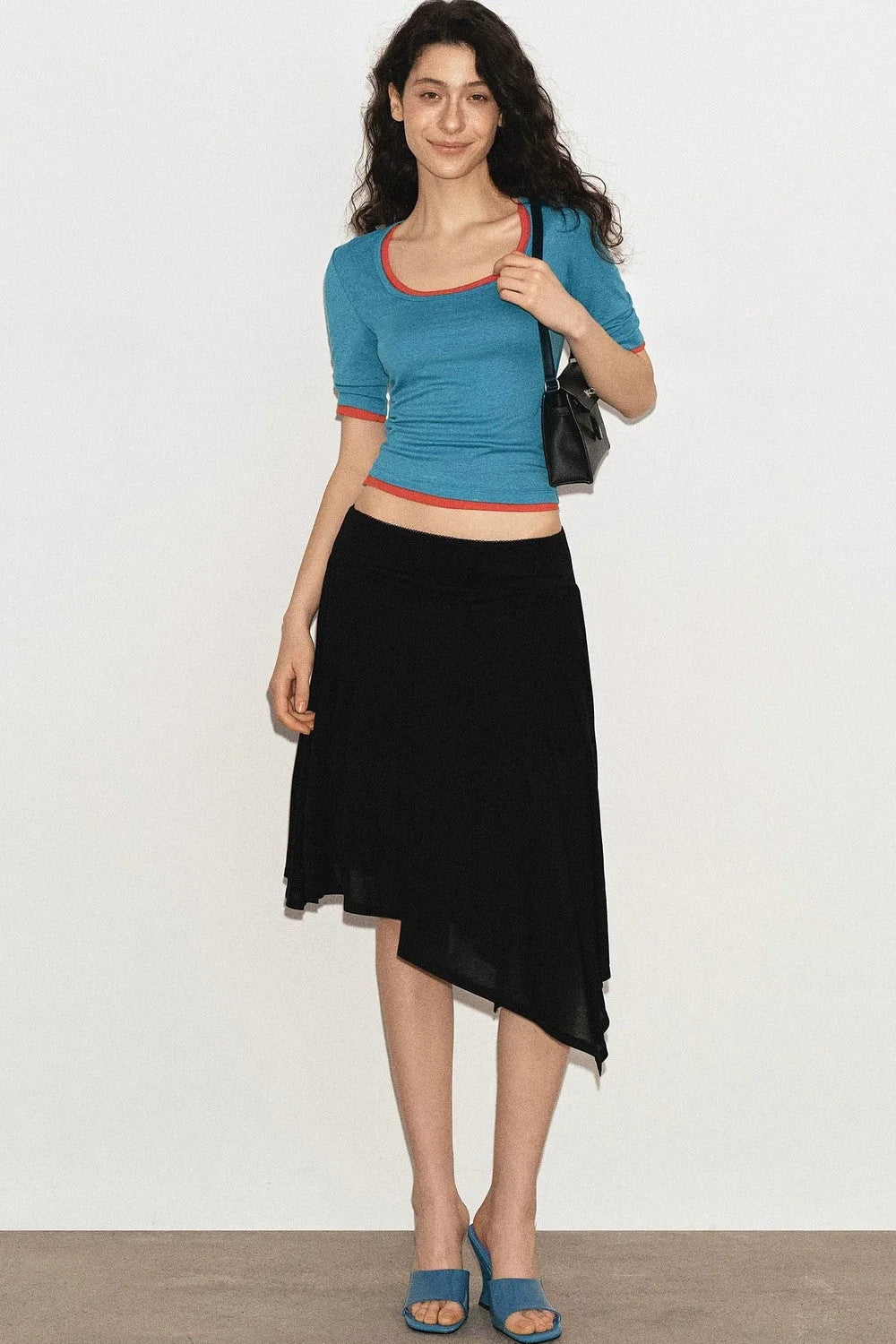Cropped U-Neck Wool Blend Tee