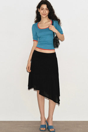Cropped U-Neck Wool Blend Tee