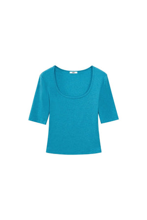 Cropped U-Neck Wool Blend Tee