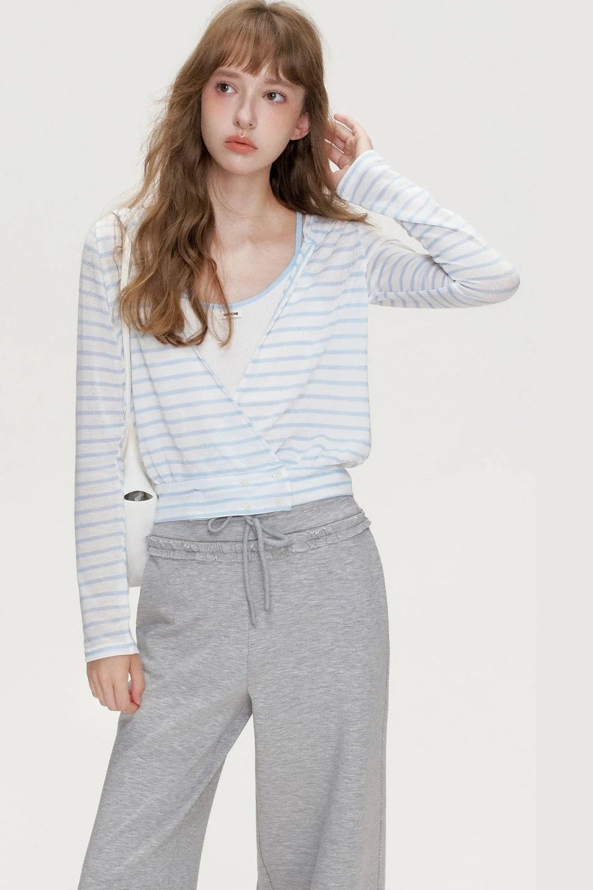 Cross V-Neck Striped Long-Sleeve T-Shirt