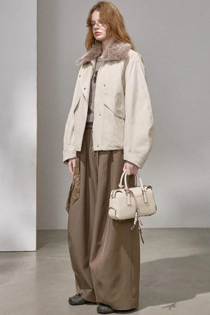 Curved Sleeve Fur Collar Jacket