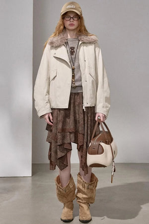 Curved Sleeve Fur Collar Jacket