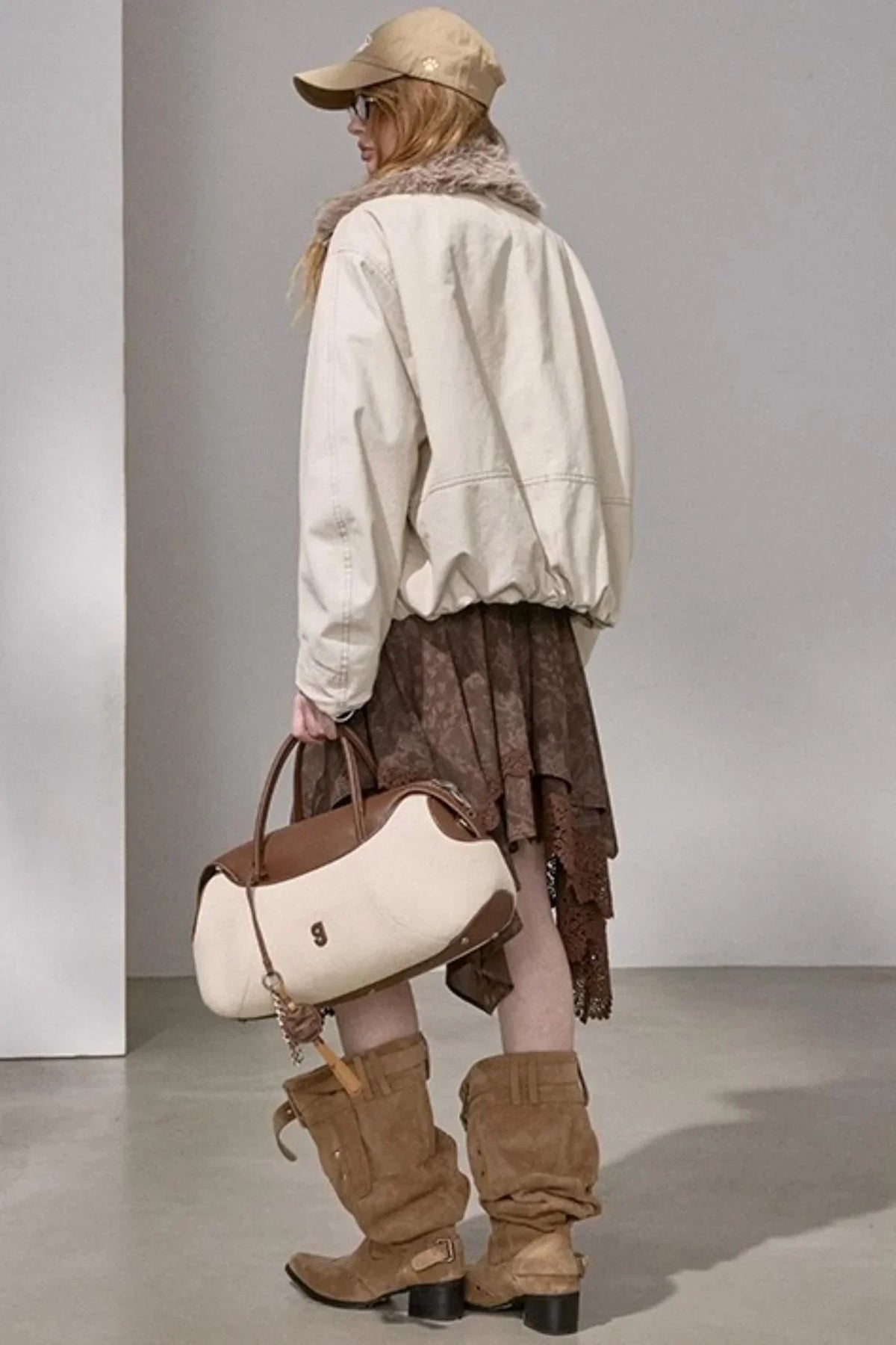 Curved Sleeve Fur Collar Jacket