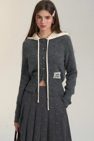 Cut-Out Hooded Knit Cardigan
