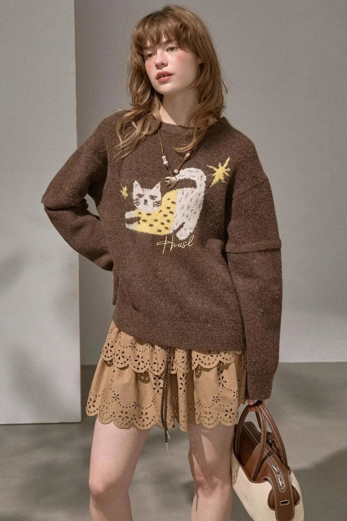 Cute Kitten Crew Neck Knit Sweater