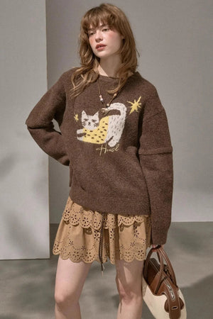 Cute Kitten Crew Neck Knit Sweater