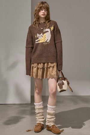 Cute Kitten Crew Neck Knit Sweater