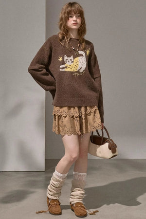 Cute Kitten Crew Neck Knit Sweater