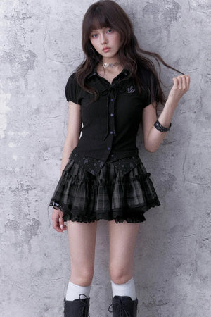 Dark Angel Bear Print Lapel Puff Sleeve Top