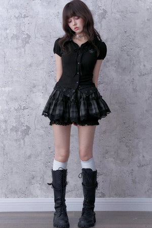 Dark Angel Bear Print Lapel Puff Sleeve Top