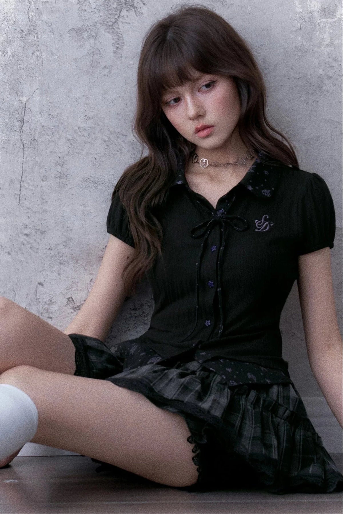 Dark Angel Bear Print Lapel Puff Sleeve Top
