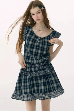 Dark Blue Plaid Flutter-Sleeve Dress