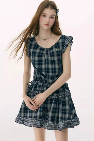 Dark Blue Plaid Flutter-Sleeve Dress