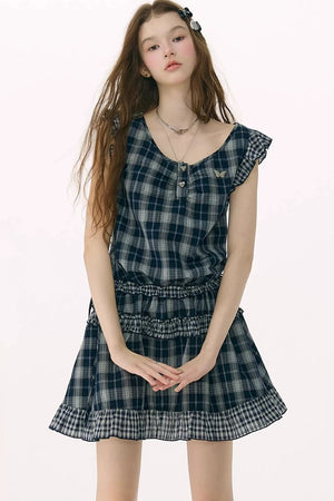 Dark Blue Plaid Flutter-Sleeve Dress