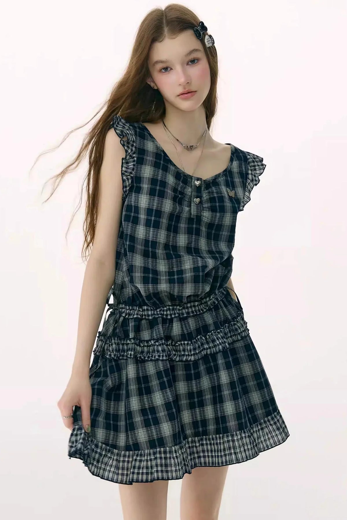Dark Blue Plaid Flutter-Sleeve Dress