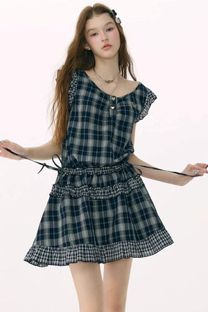 Dark Blue Plaid Flutter-Sleeve Dress
