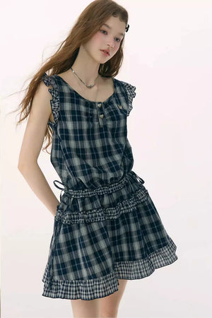Dark Blue Plaid Flutter-Sleeve Dress