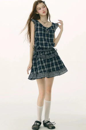 Dark Blue Plaid Flutter-Sleeve Dress