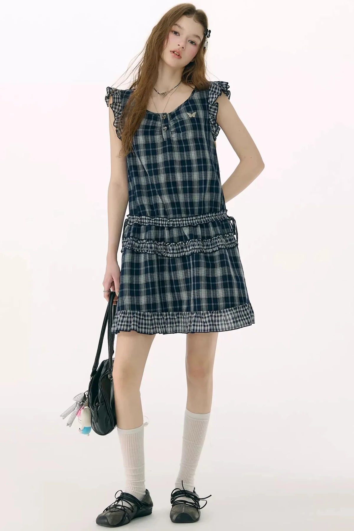 Dark Blue Plaid Flutter-Sleeve Dress