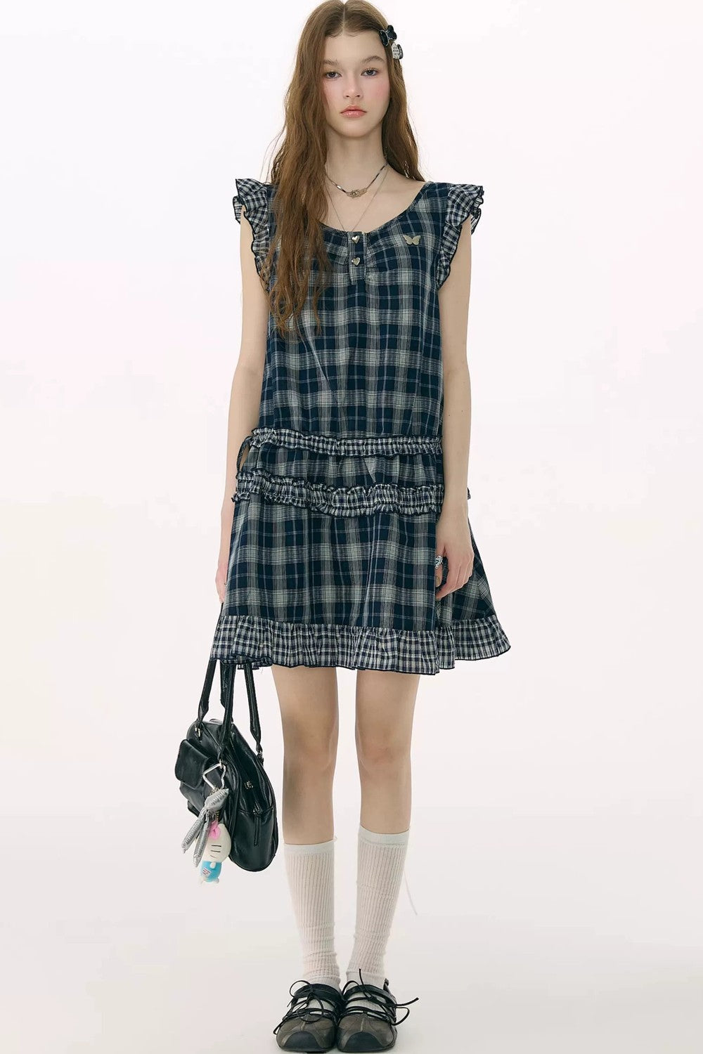 Dark Blue Plaid Flutter-Sleeve Dress