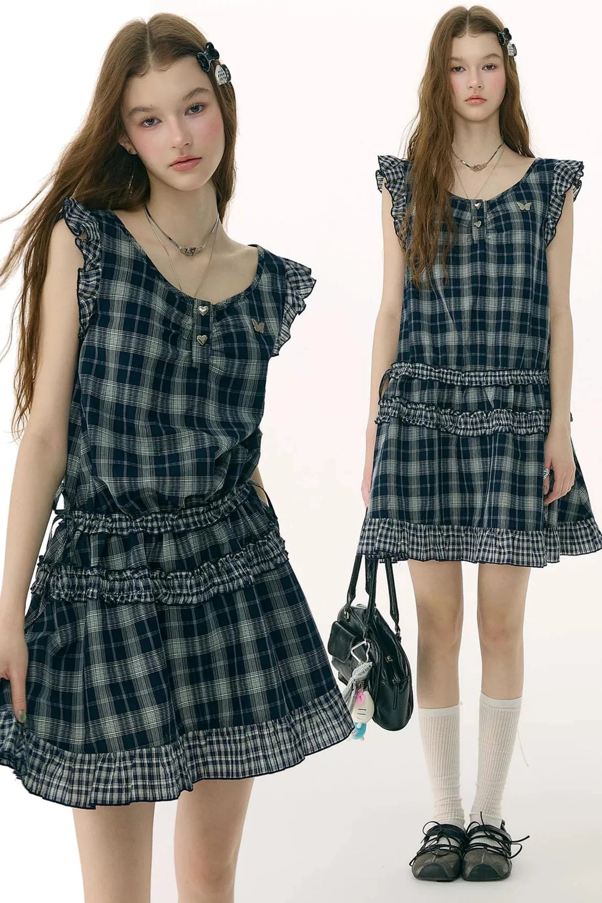 Dark Blue Plaid Flutter-Sleeve Dress