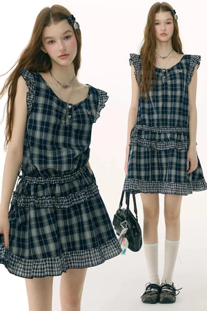 Dark Blue Plaid Flutter-Sleeve Dress