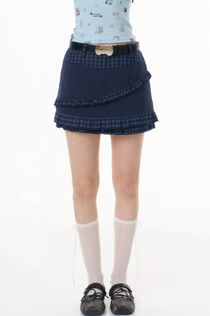 Dark Blue Plaid Pleated Skirt