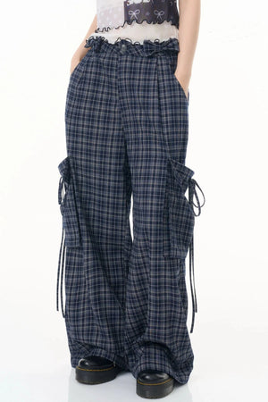 Dark Blue Plaid Wide-Leg Pants