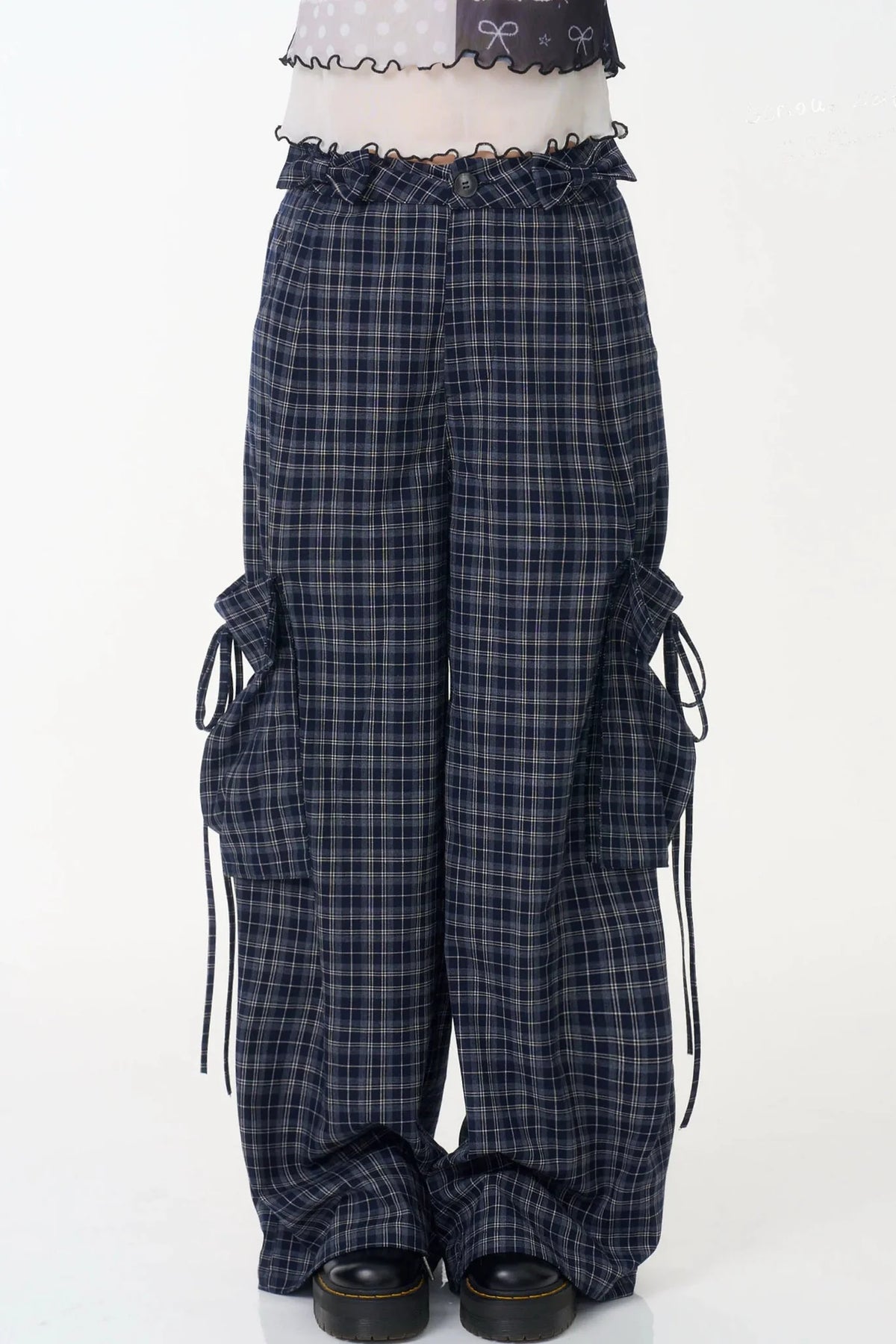 Dark Blue Plaid Wide-Leg Pants